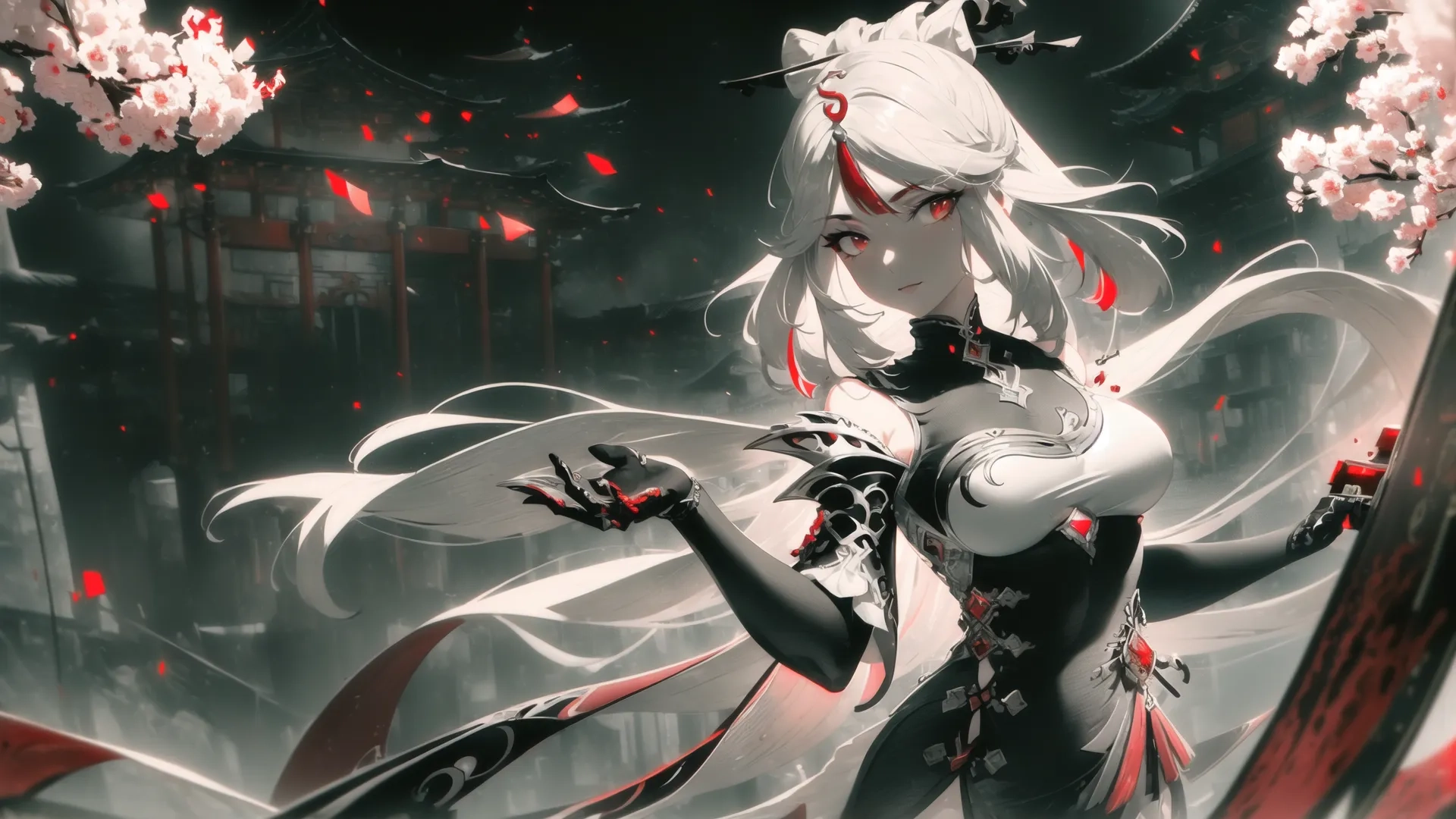lady in black with sword and birds surrounding her, among flowers and foliage trees with dark clouds overhead, from above with smoke rising up like something

