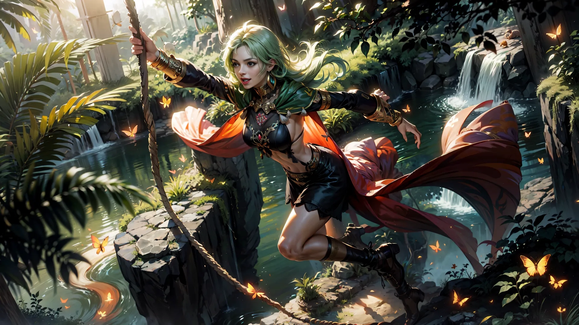 two characters one on a swing and the other holding a light source in the wild land and surrounded by water and jungles from above