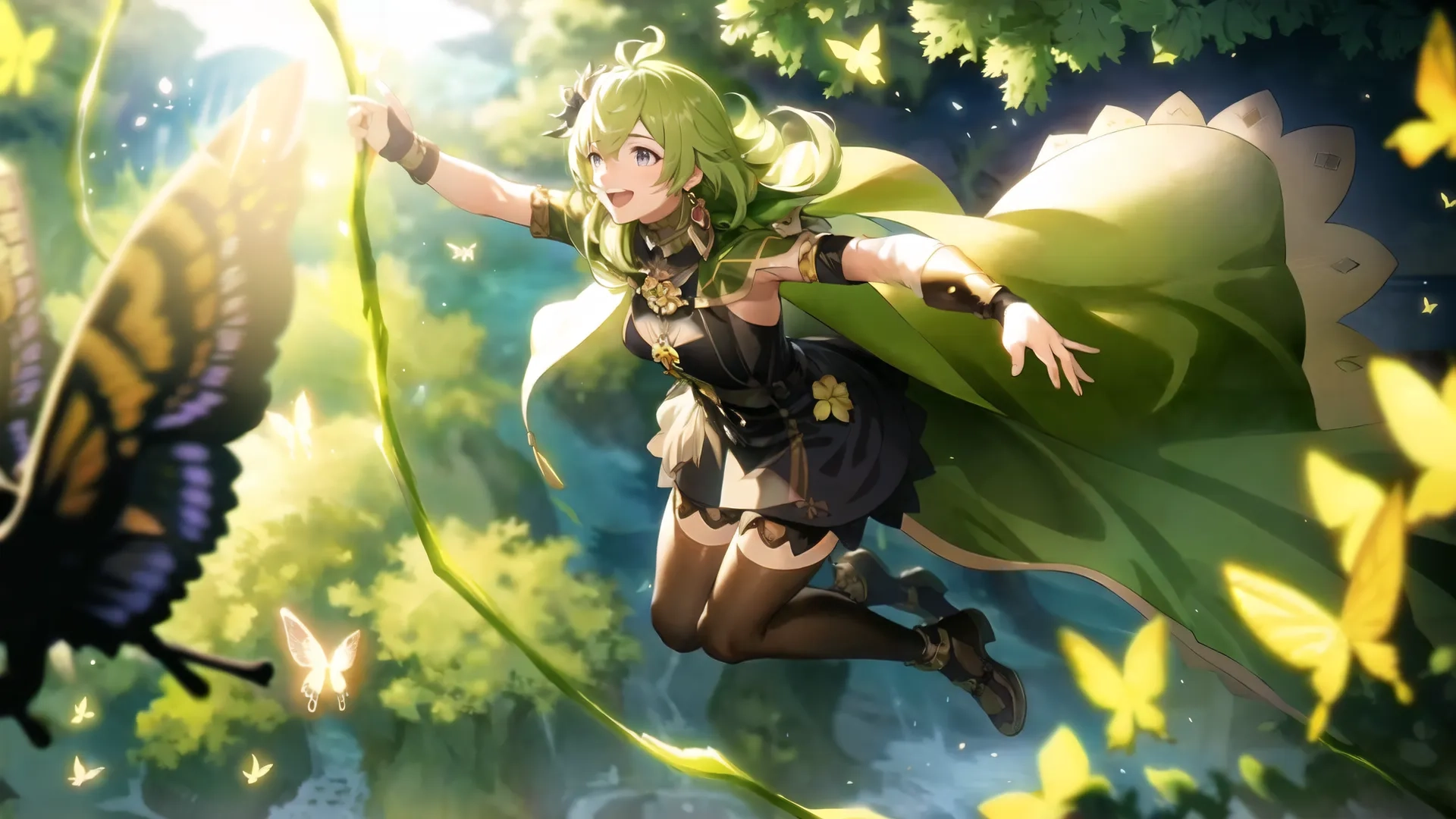 an image of woman with a butterfly on the side flying away from her face on her left leg in an environment full of yellow, green and bushes