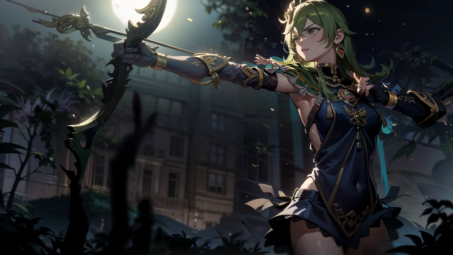 the girl is wearing some kind of armor in the woods at night, shooting archery with her arrow and her arm outstretched, it's night time has leaves the building and light shining behind her