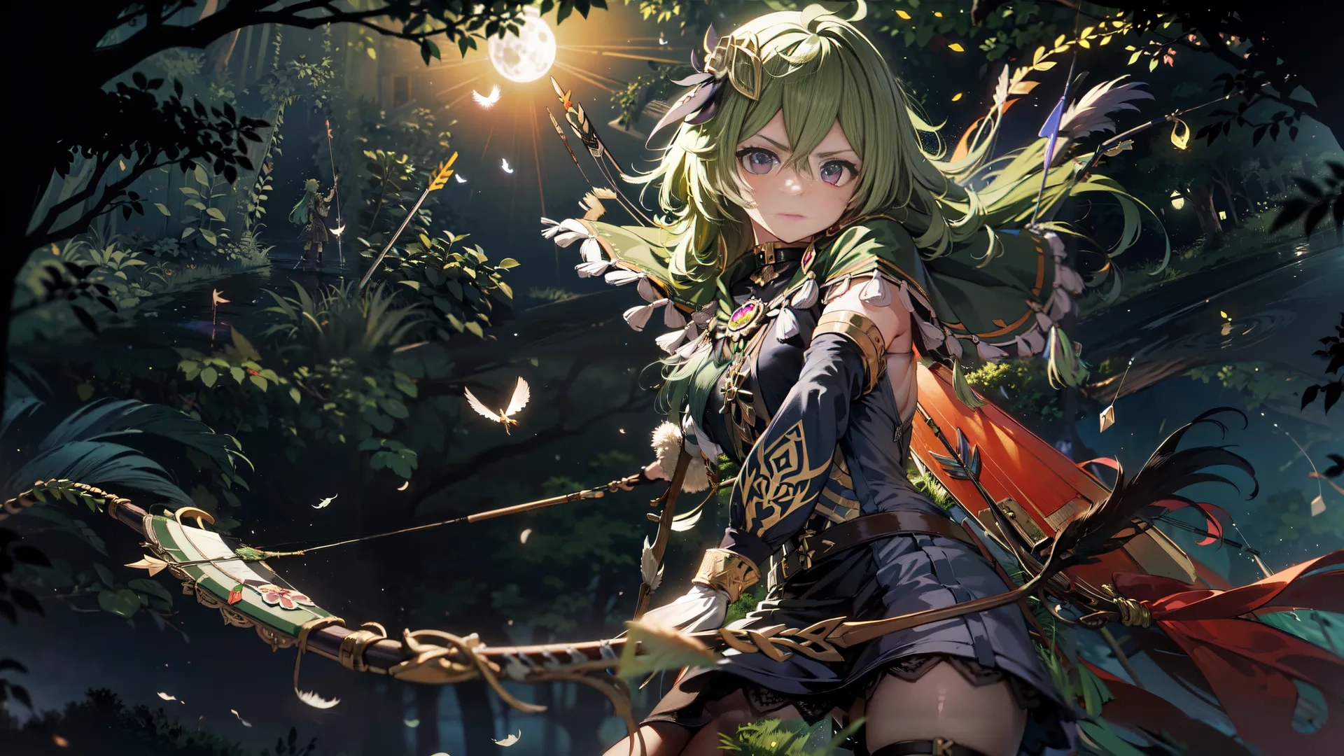 green headed woman holding a bow posing for an image with leaves and flowers in the background, with some butterflies flying flying in the air