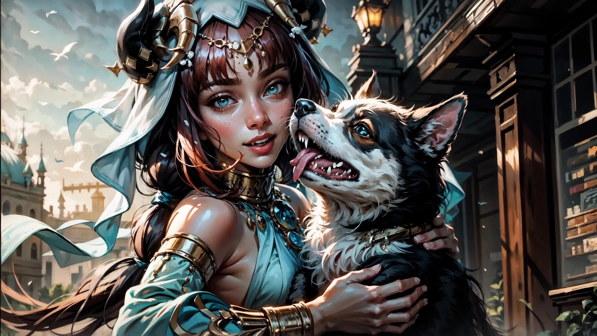 a woman standing next to a dog holding its mouth open while holding it's paw with wings flying around it, on a city street
