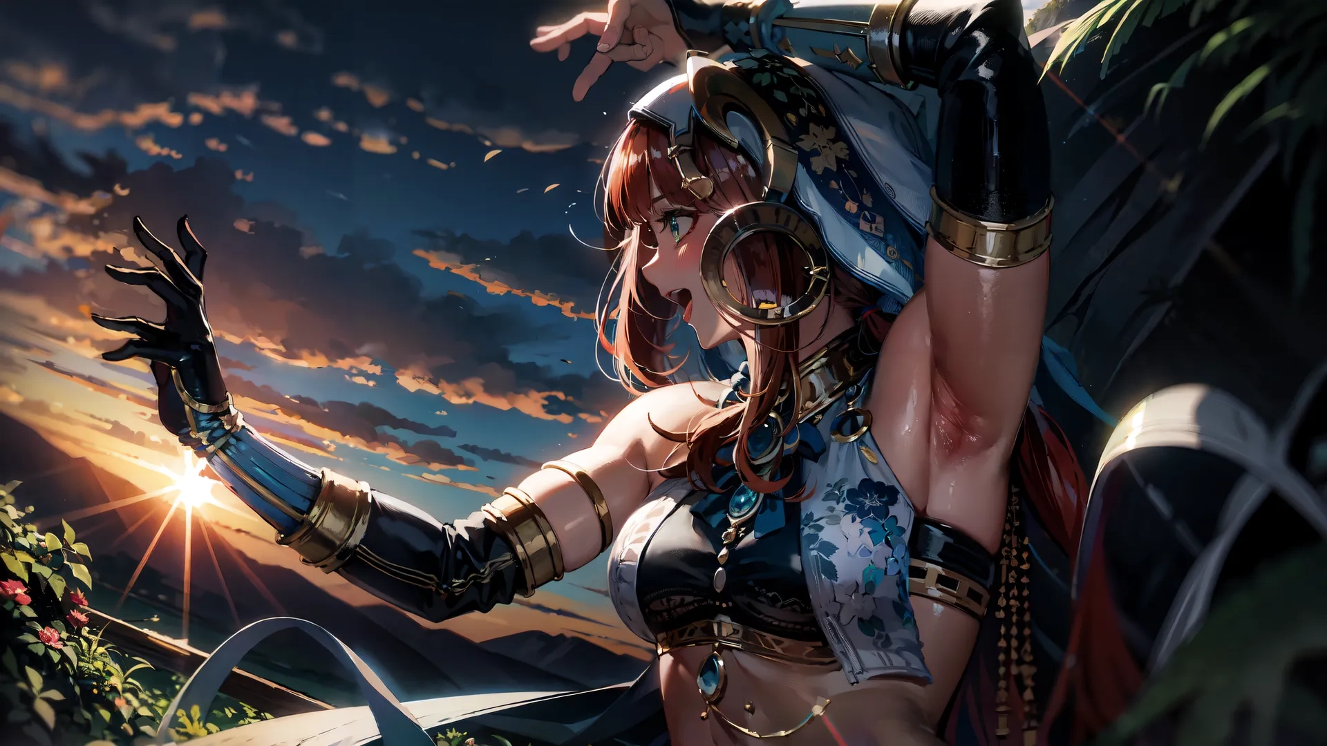 a woman who is standing with hands on her arm and a sword in hand, next to an airplane and mountains in the background by night
