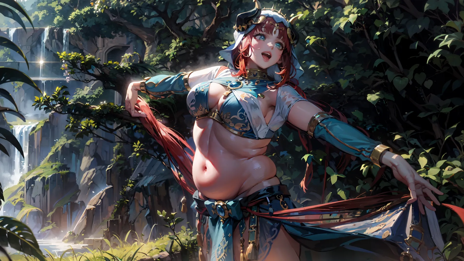 a woman dressed in a costume and red hair standing next to a waterfall with her panties covered and posing with her shirt hanging around her waist