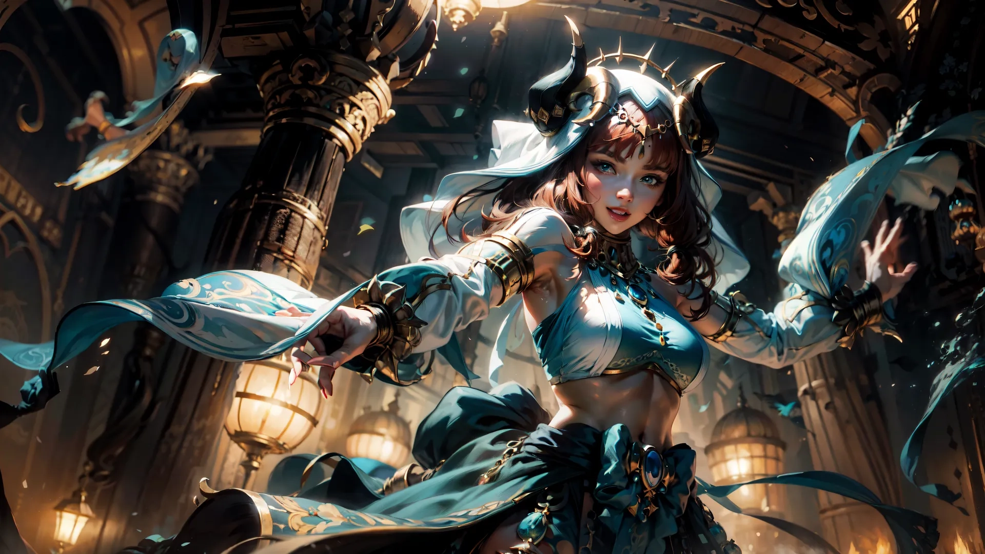 a woman in a blue costume tossing some items and holding two wings while walking around a room with a dark ceiling full of windows,