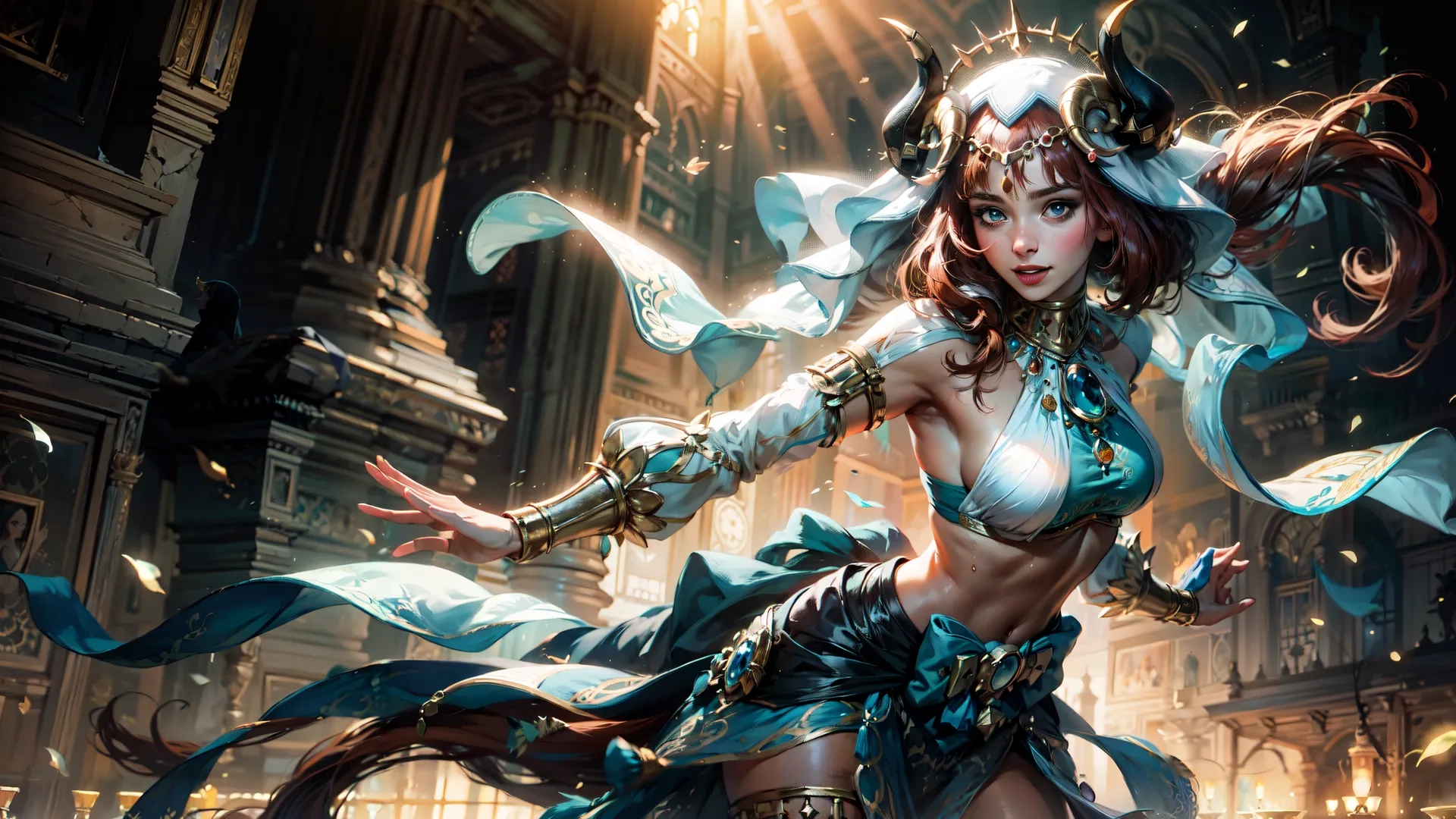 a female character holding a knife in front of a large building with sunlight shining inside from behind her body and head, surrounded by sheets