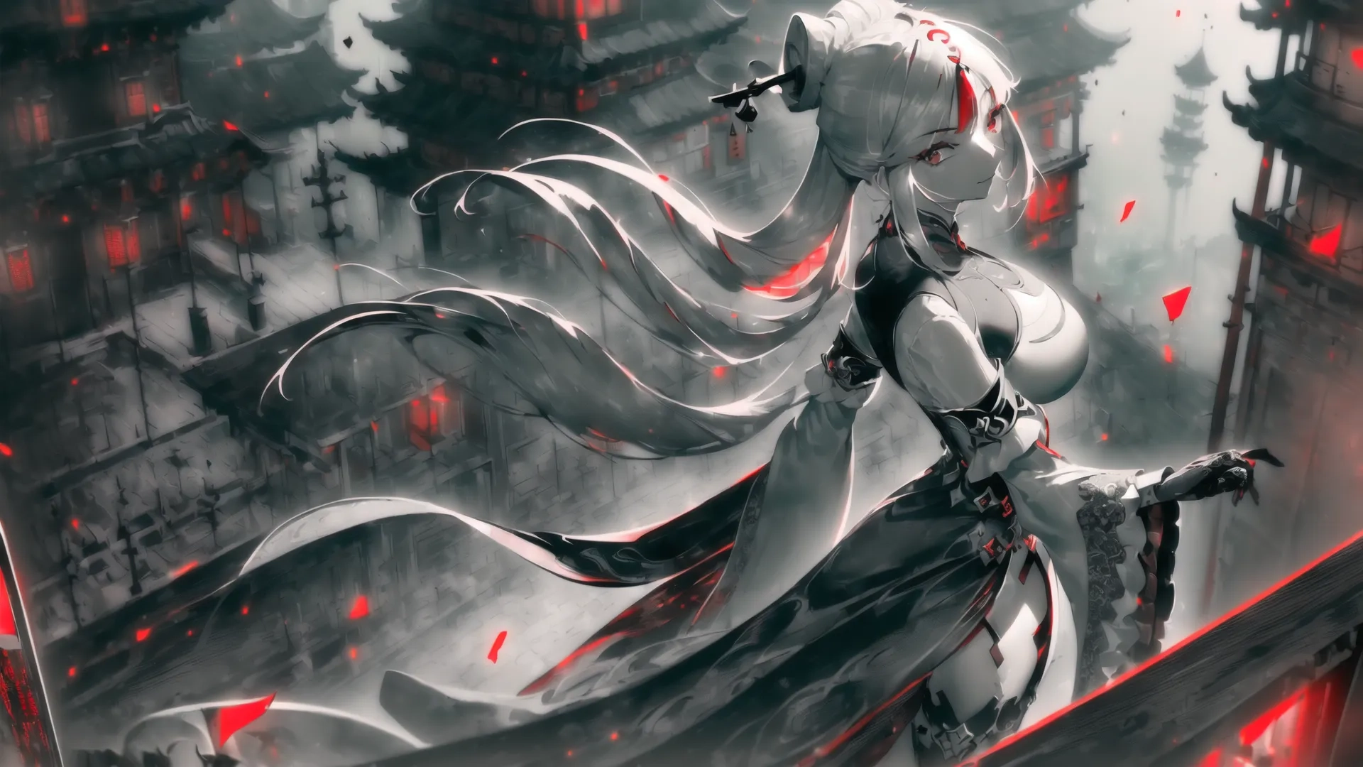 a anime anime is shown with blood around her torso and breast, standing on the edge of a building with a red - covered roof against a sky
