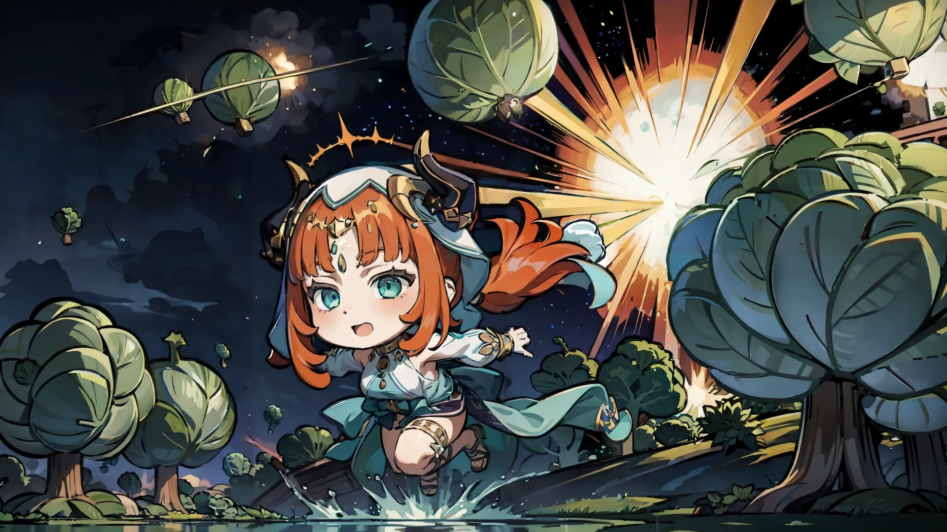 a character is leaping up in the air after a fall burst of firework over water and trees with planets in front of it at night