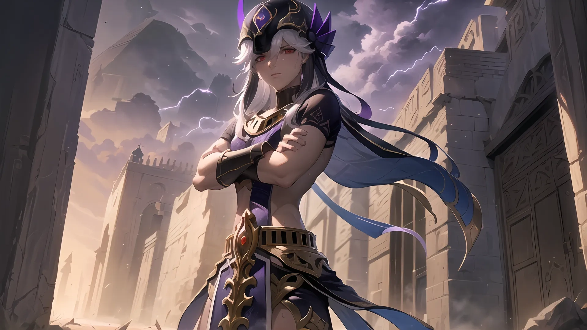 the beautiful woman is holding some large chains around her neck while she stands outside on a path that goes through a city buildings that also surround her
