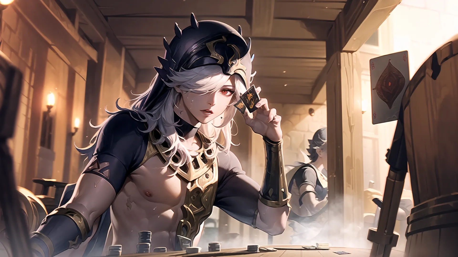 some girls is in art work and one girl looks at the camera, wearing a hat and holding her hand near a computer keyboard and a few bottles