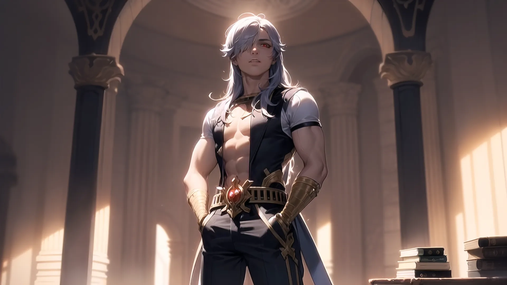 a male anime character is holding swords and an apple in one hand and a building in the otherhand with pillars behind him, and columns with arches and pillars behind