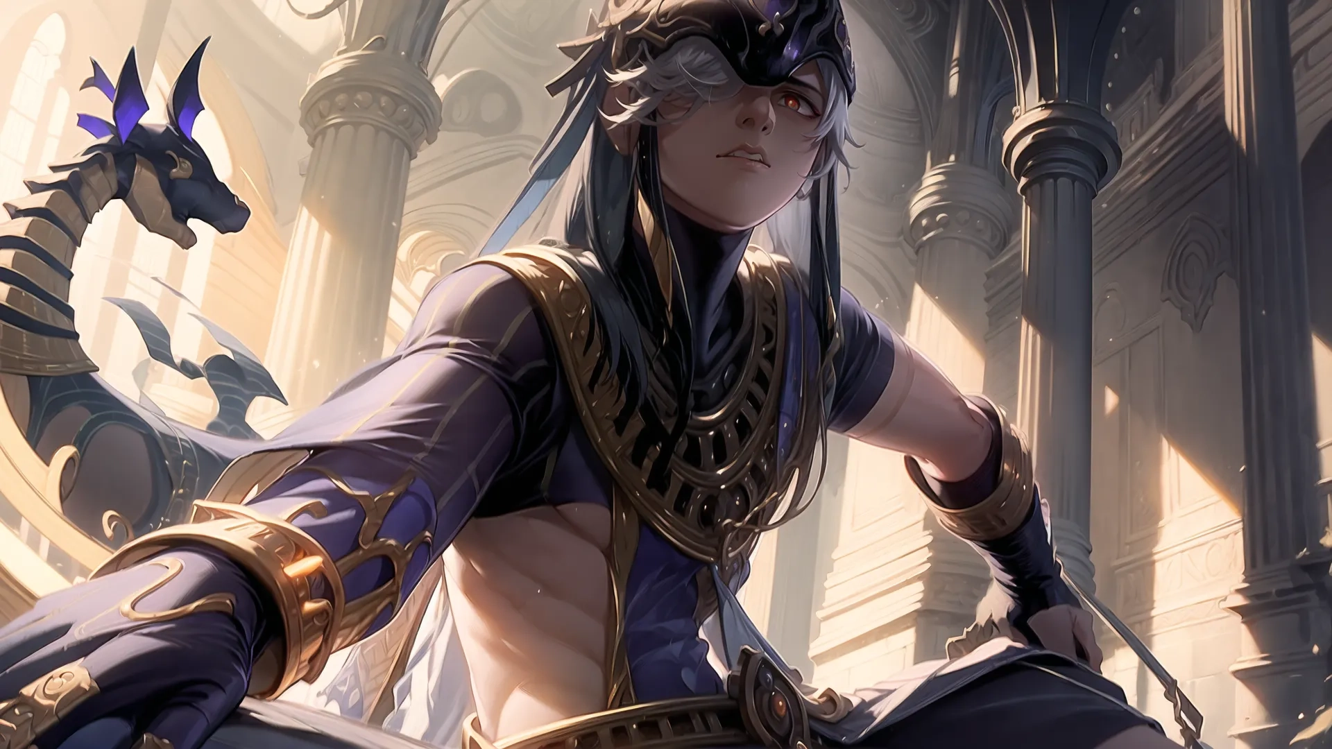 a beautiful woman in a fancy dress sitting down next to an elaborate structure at the bottom of her head, holding a sword and sword
