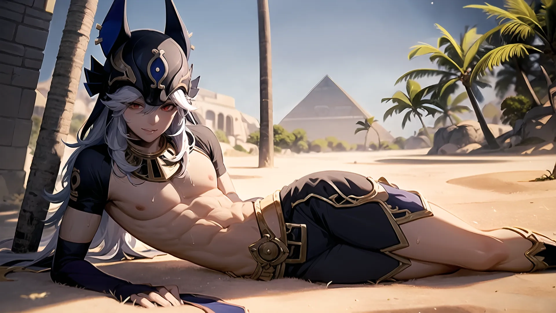 a woman laying in the shade near palm trees, and egyptian pyramids in the background is a scene from a video game set with a female warrior
