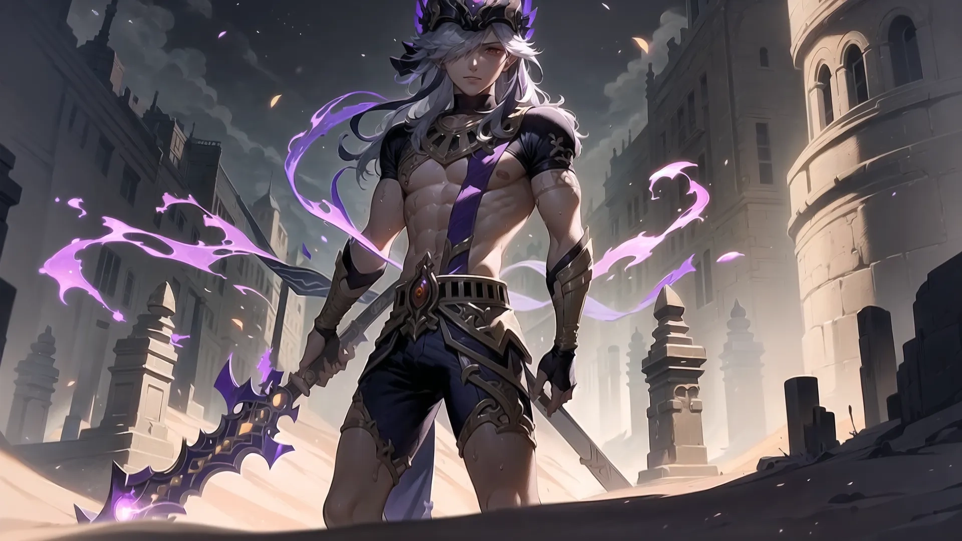 a man with a dragon on a city street, holding swords and posing for the camera in front of the ruins and burning buildings covered in smoke