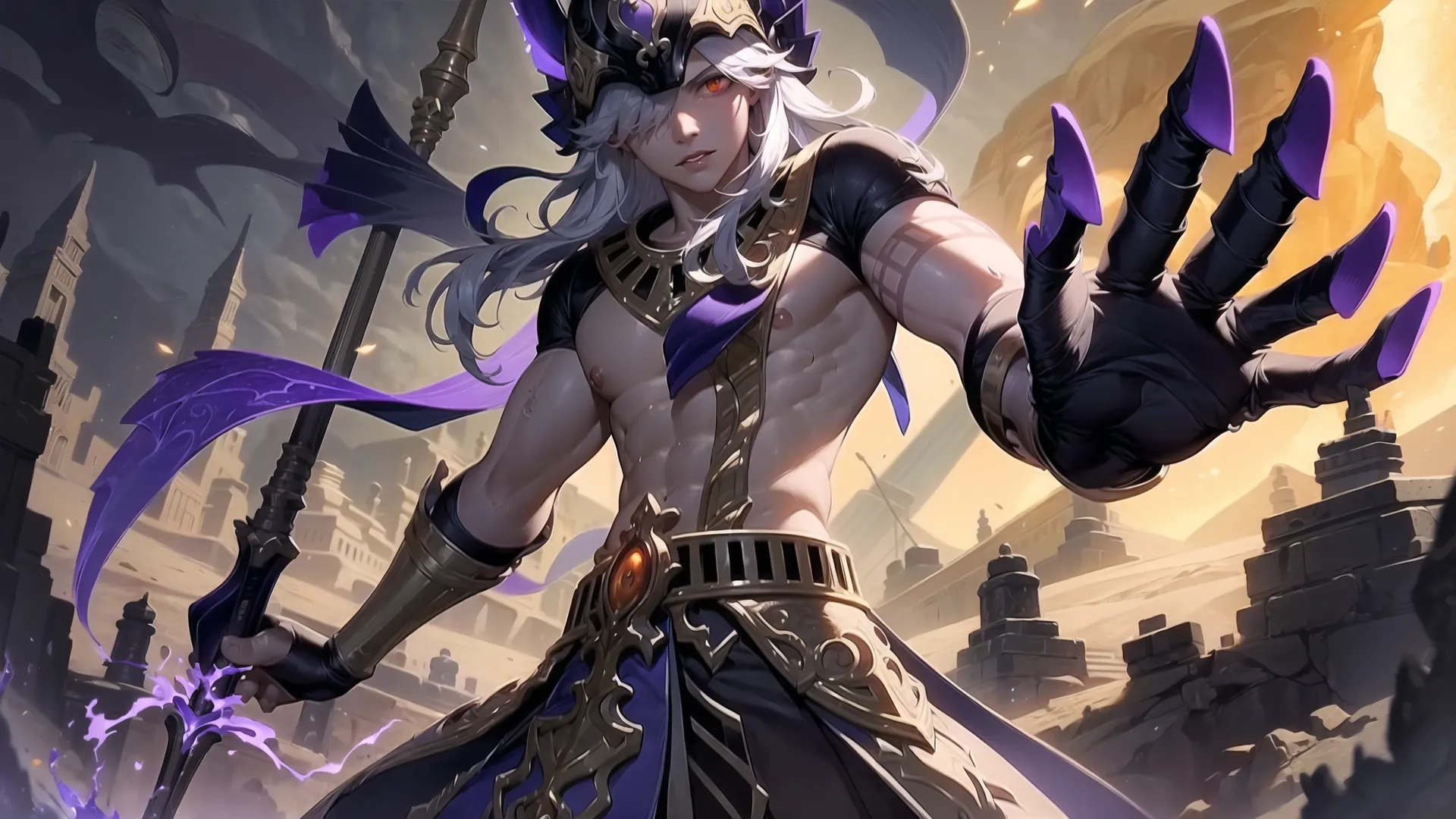 the man is posing for the camera with a sword and shield on his chest, with some demonic lighting behind him and an old building in the background