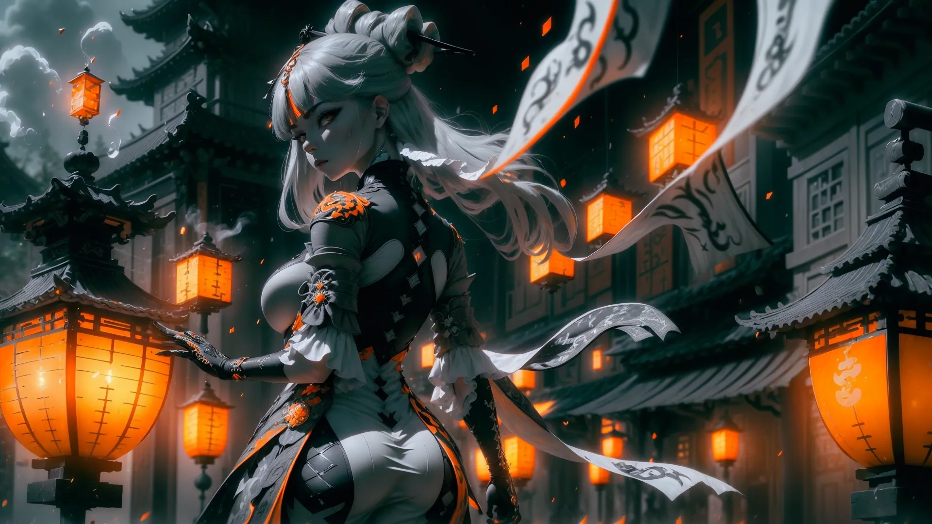 a screenshot of a woman in armor and lights in front of a light pole holding a sword in her hands, standing in between two buildings