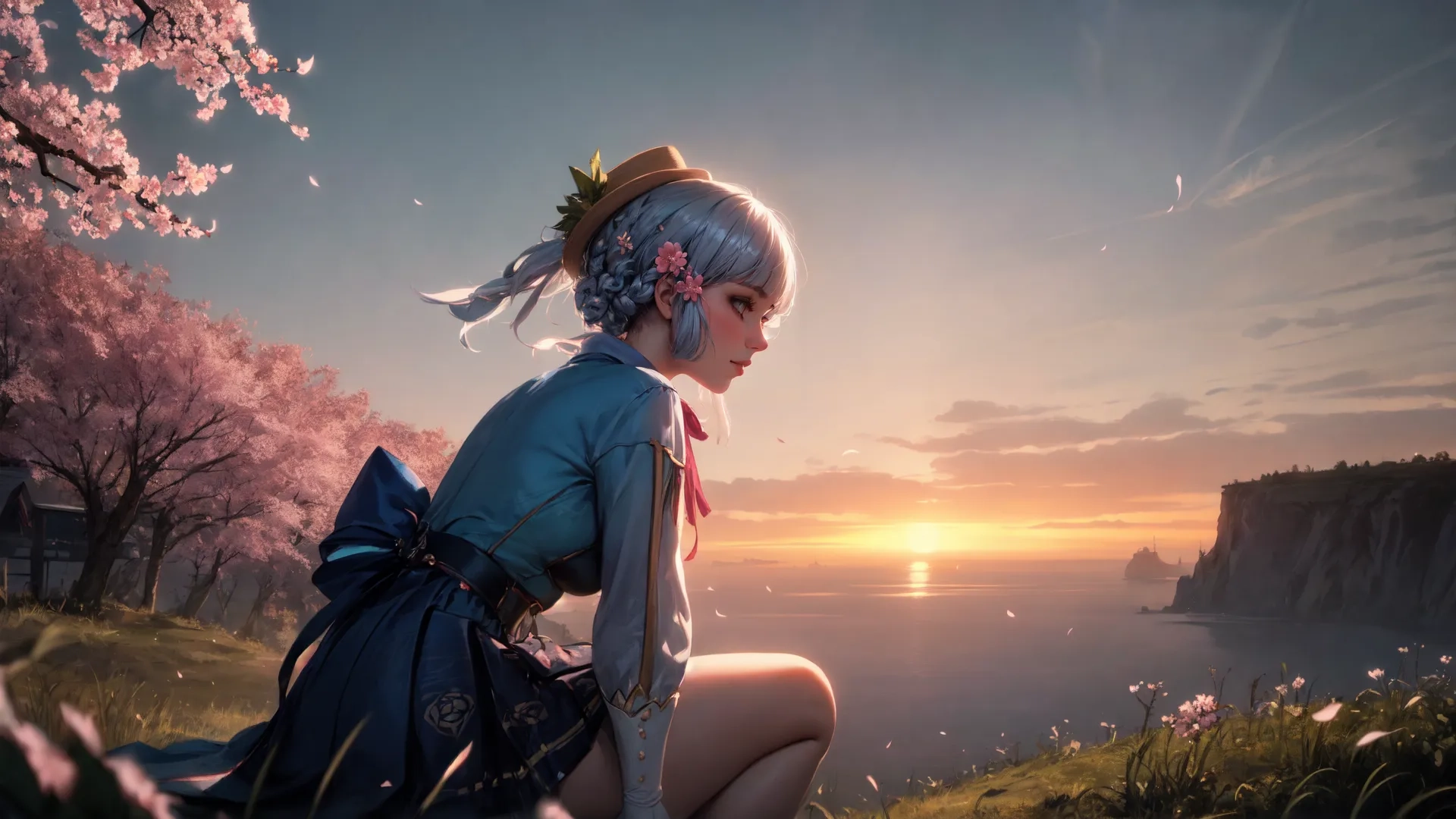 an asian female dressed in costume sitting on the grass and a lake at sunset in the background with hills and sea and flowers in blooming trees
