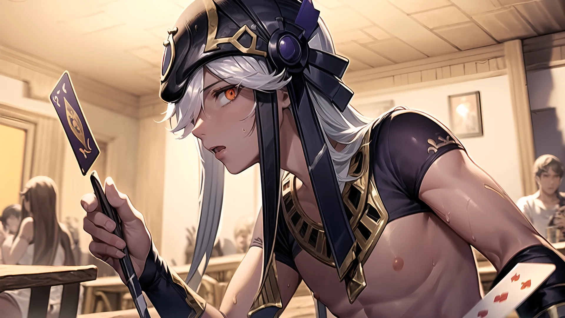 a person with an odd hat holding a knife and playing cards in a room full of people behind him is looking at a mirror holding a phone