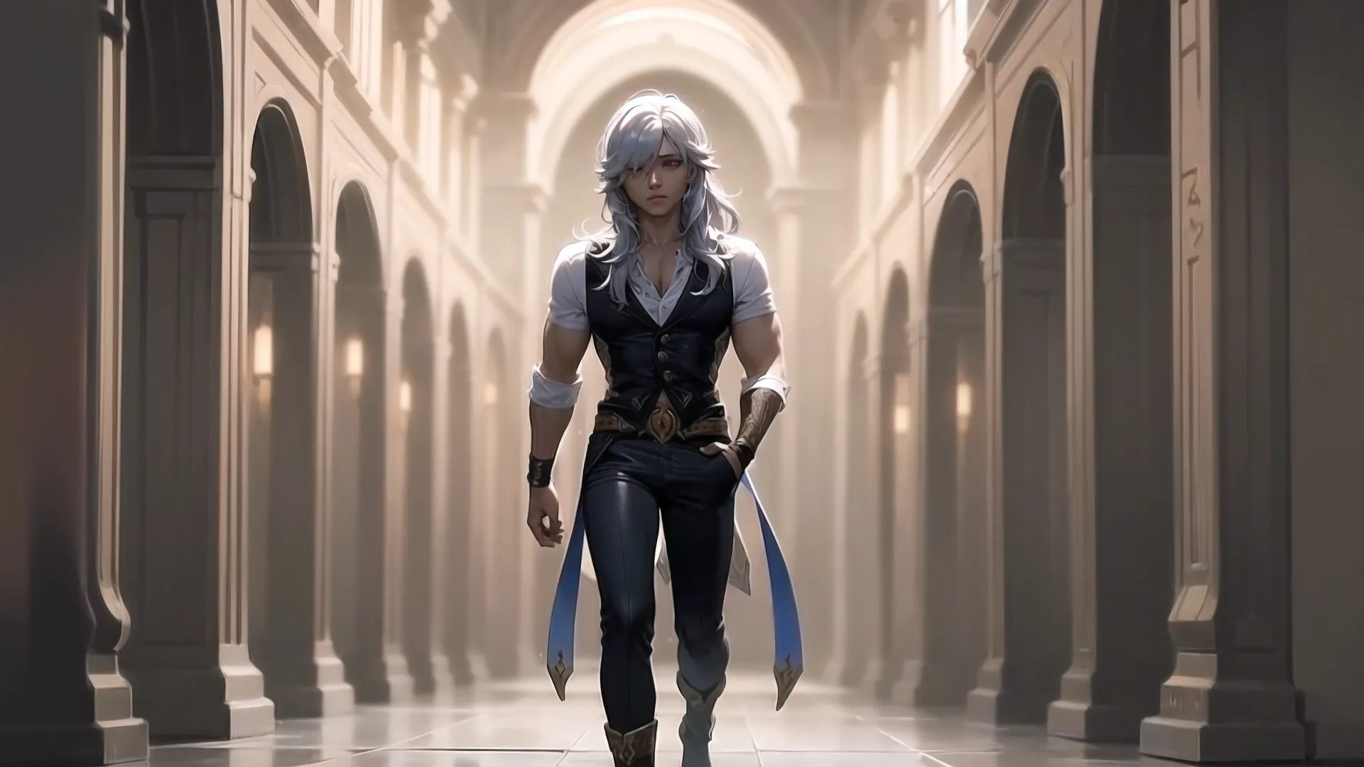 a woman is playing with her weapon in the middle of an hallway at night life, using only her hands to hold them out while she holds her sword