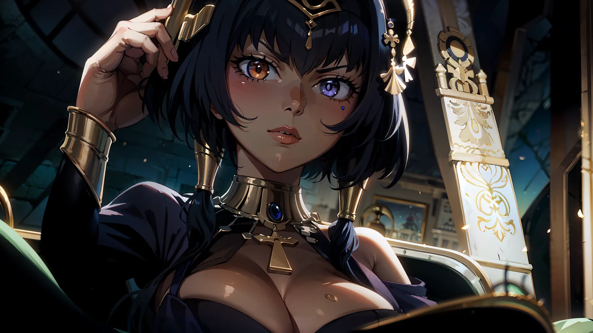 an anime image of the lady posing in front of a chair and holding a helmet on her head with her right hand up to her face