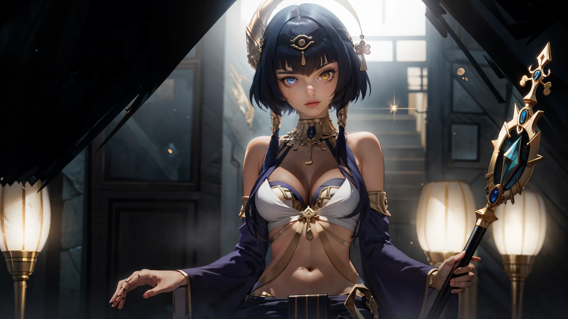 a girl with a horned sword is posing for the camera in front of some lights and a curtain in an old building with light streaming