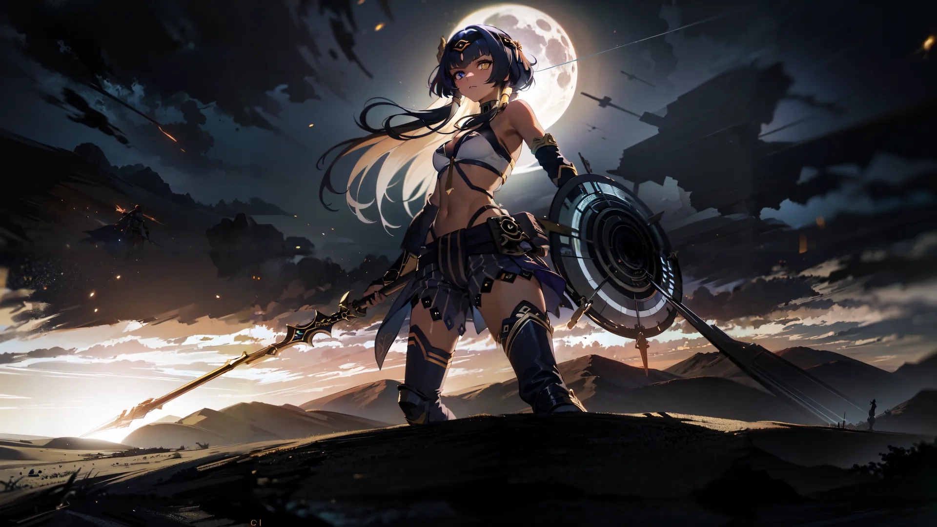 this woman warrior is holding a sword at sunset by the desert with an moon in the background and a full - moon and mountains are behind her