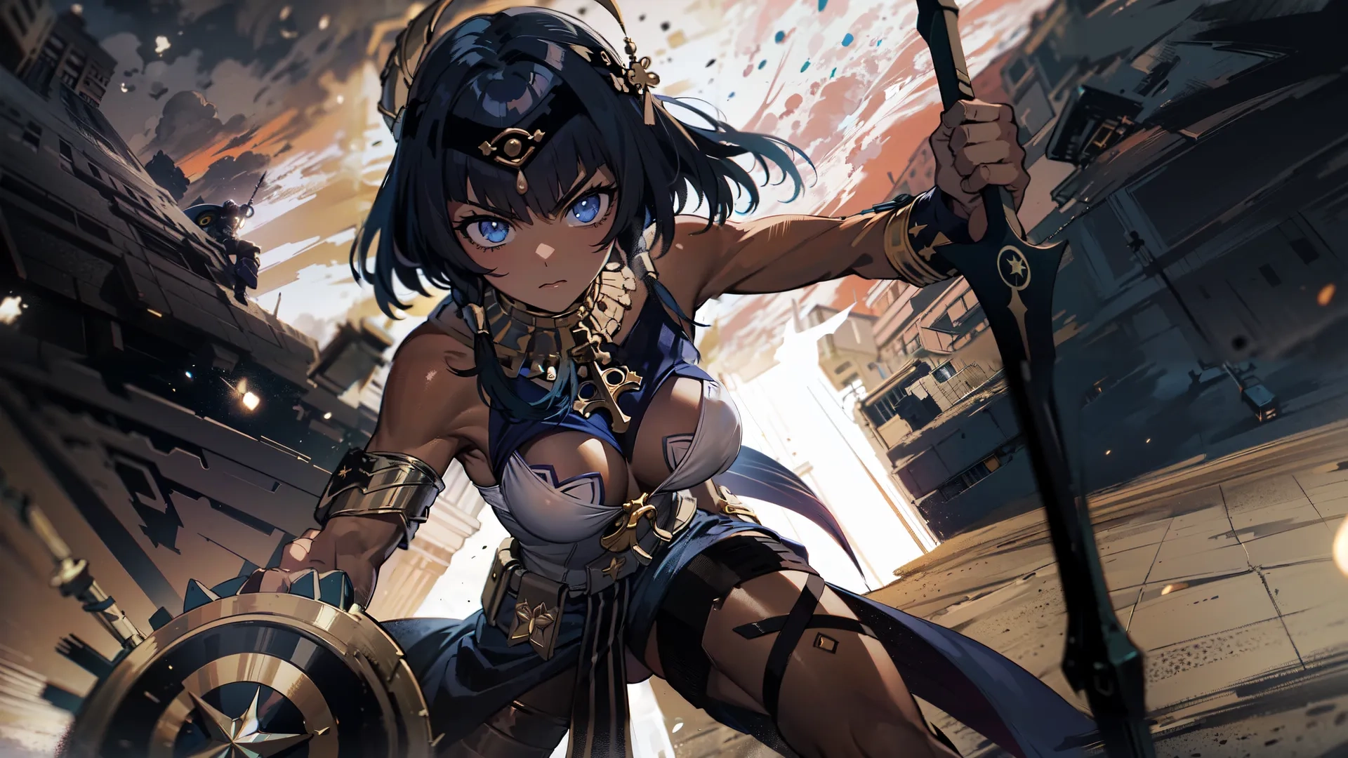 the hero is going back and forth holding up the sword in her hand, while other female characters are approaching at an end point above her
