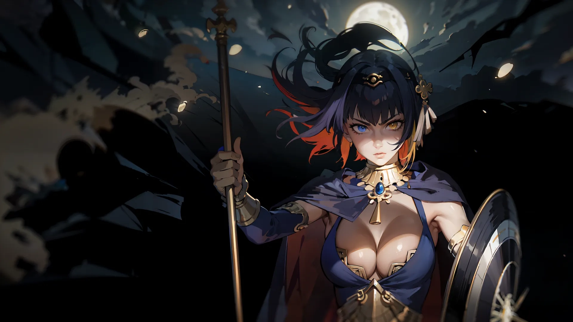 the girl is dressed in the character she's in a field, holding two spears and a shield and a dark cape with fog coming behind them a full moon behind her