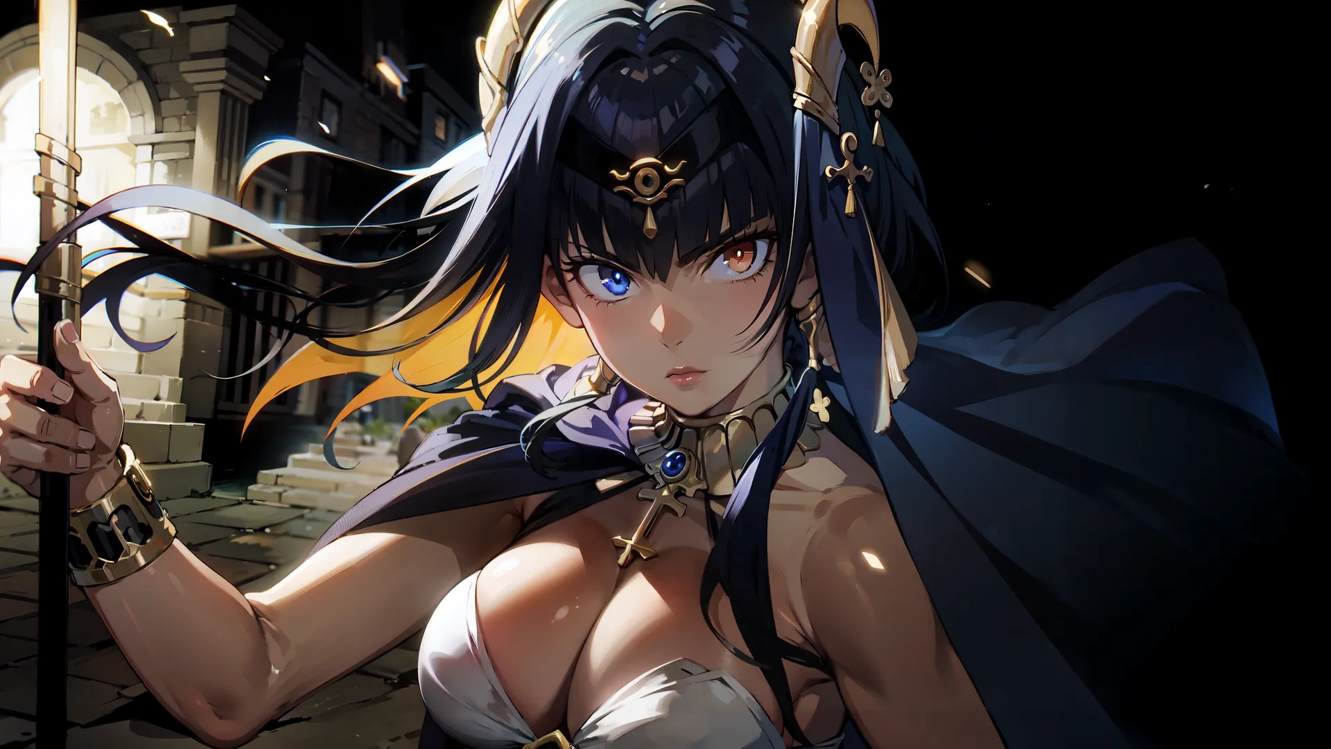 a girl standing next to a doorway in the night with an evil looking face on her body and mouth full of blood, with a chain around her hand, holding scissors
