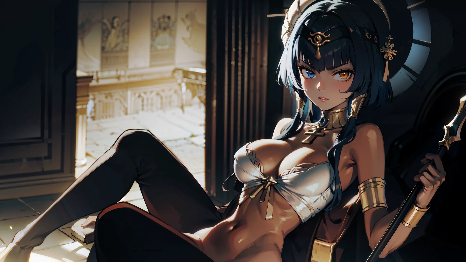 a woman is sitting on the floor holding an old sword, posing for a picture with her breasts open and chest exposed in a sexy anime like scene
