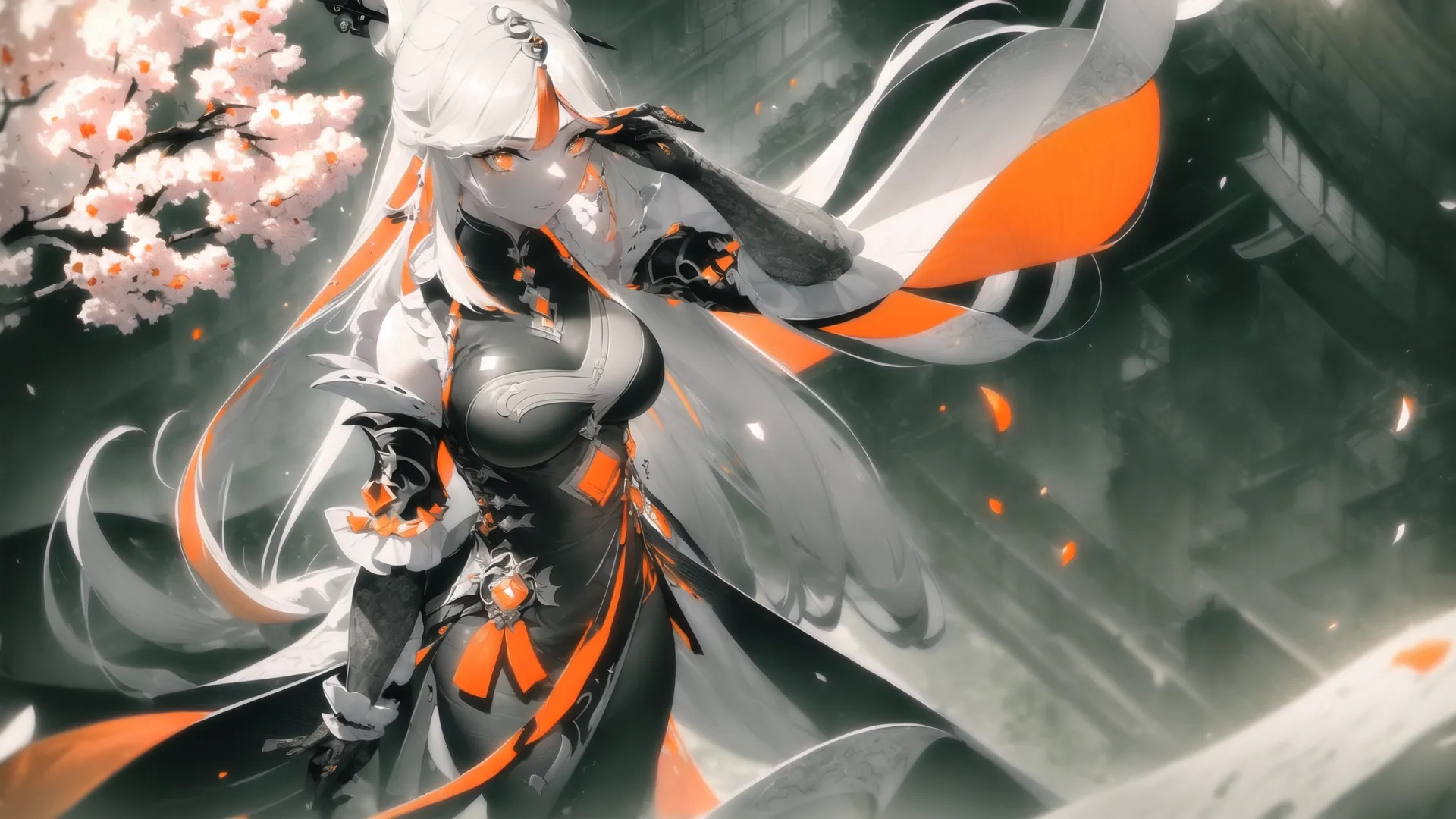 a beautiful anime style girl with a sword walking by some white branches, and a sky background of pink, brown and orange leaves and a purple bush