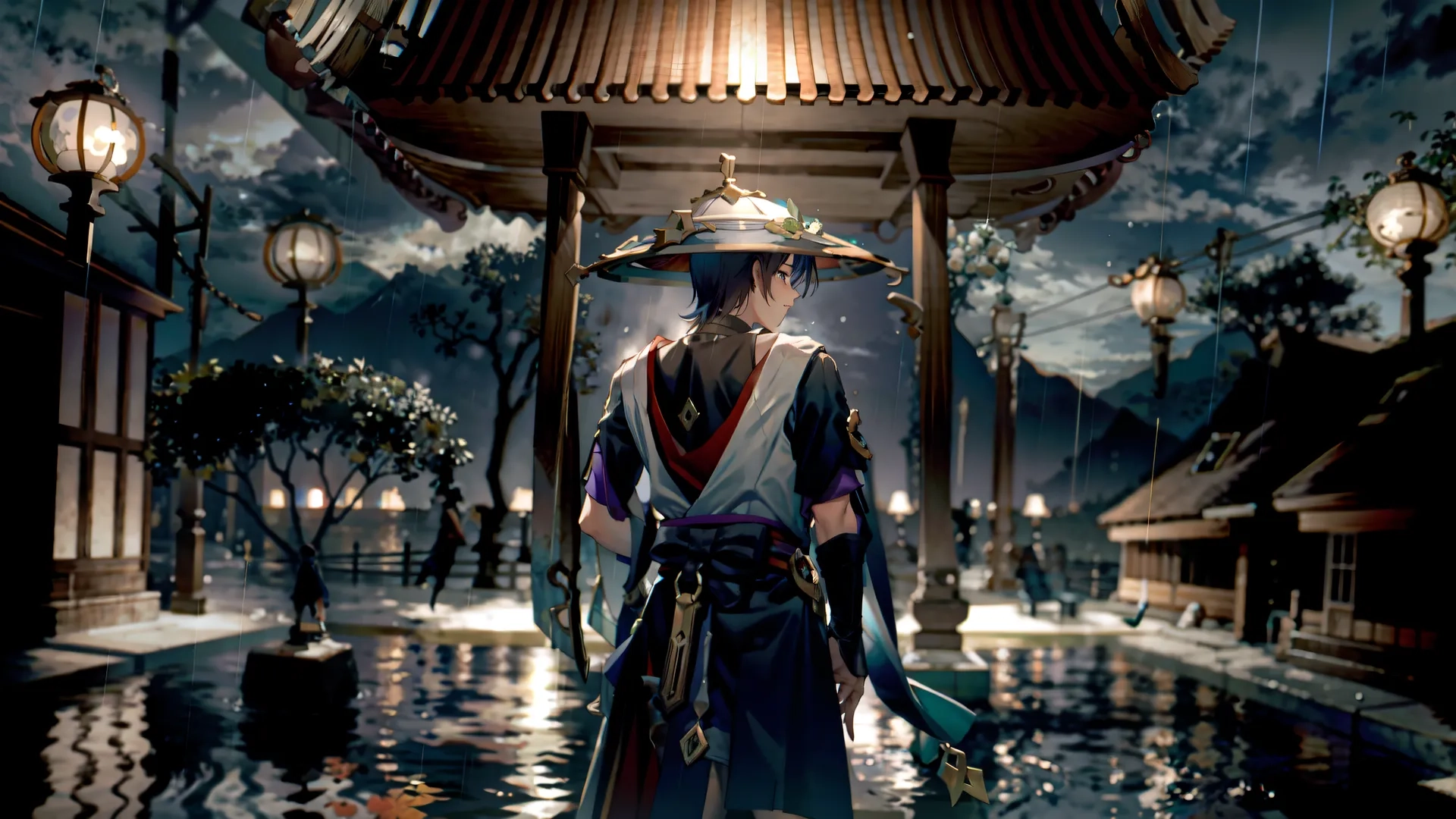 the woman in the mask is holding a sword at night walking past lanterns and buildings on a rainy day, behind her is an oriental roof