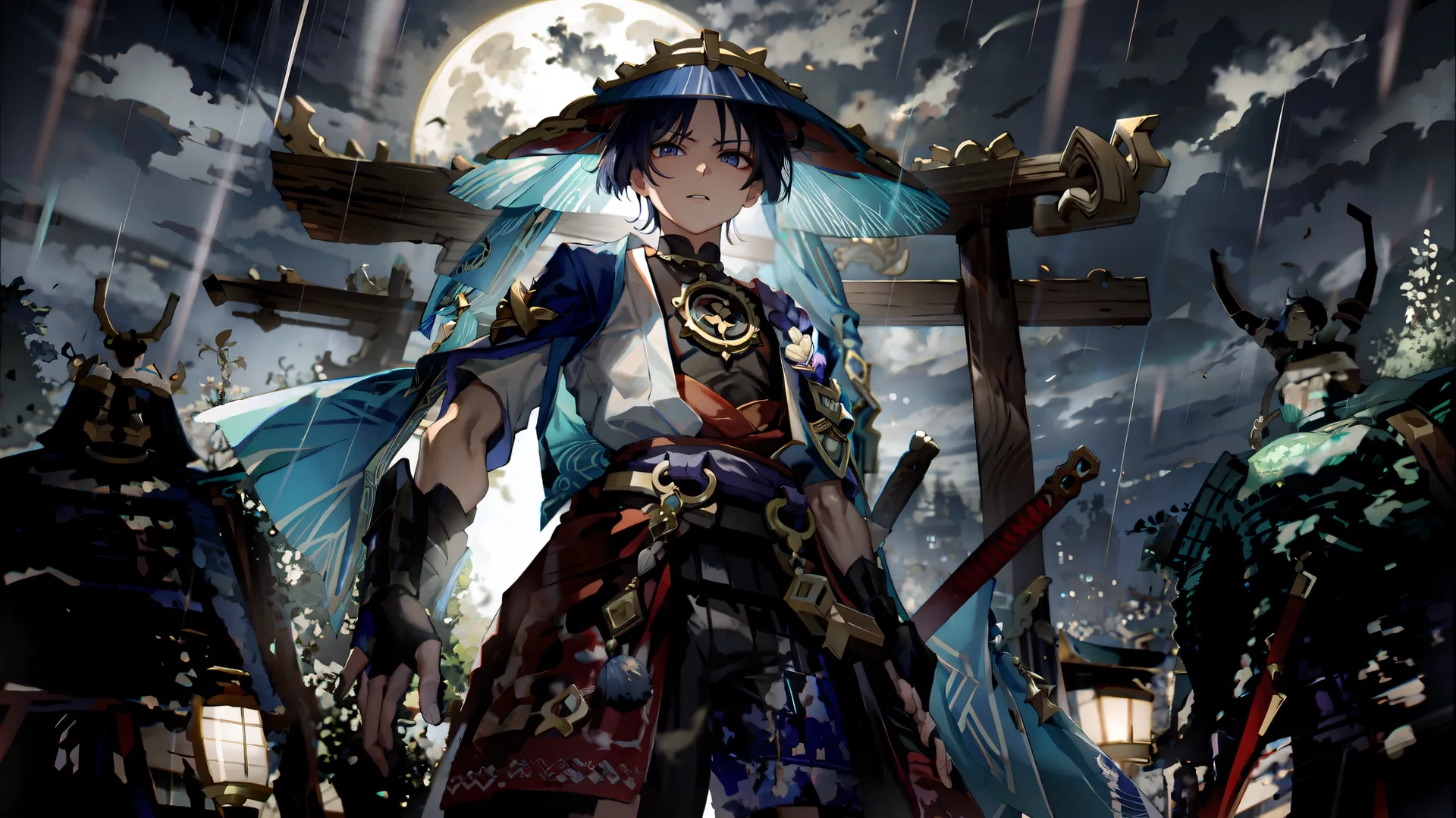 anime - era female warrior and the man standing in the rain near a grave with a sword and lantern under her, while other figures in background