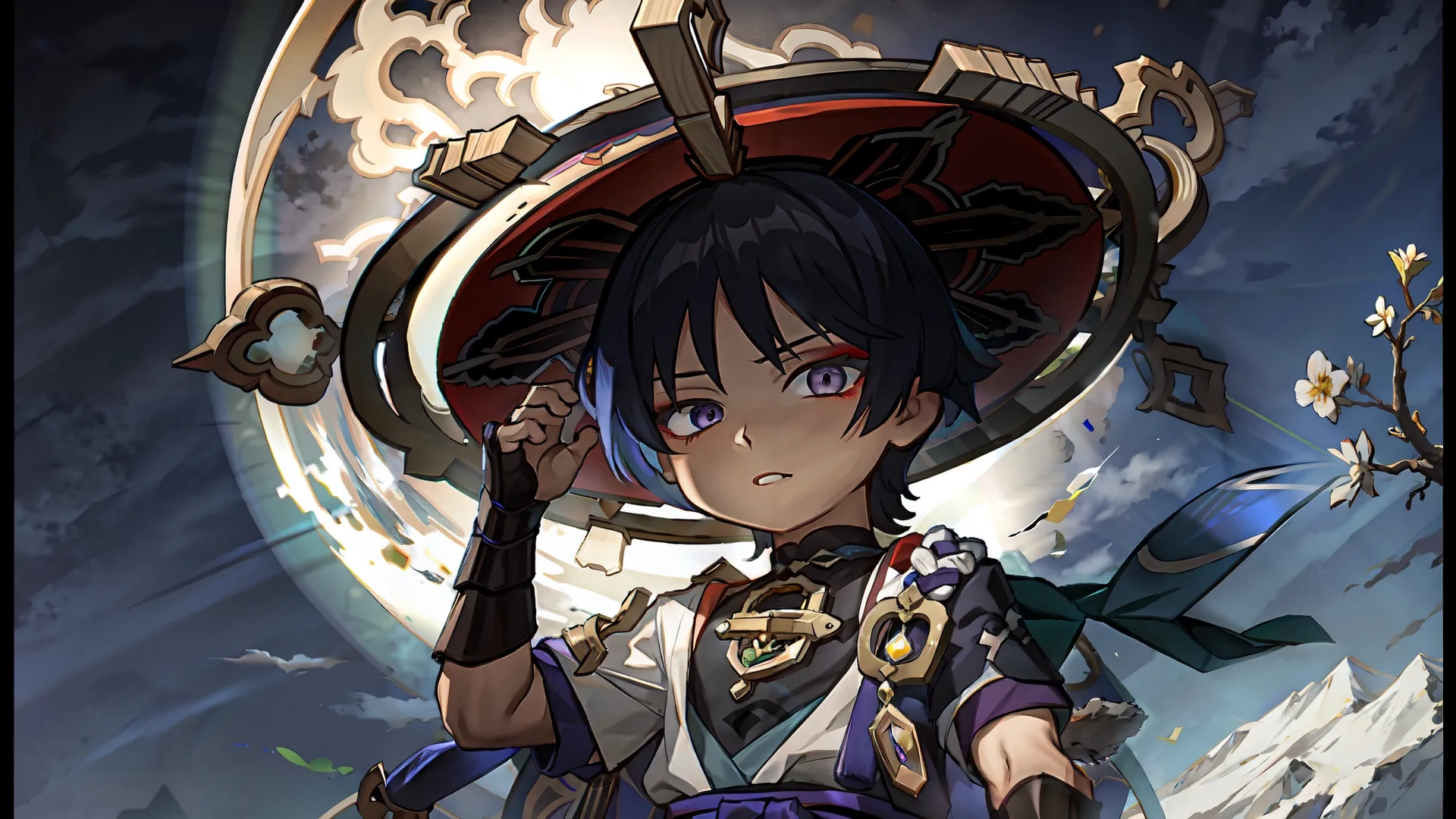 a young person dressed in oriental costume and holding a sword on the ground outside at night with bright light in sky as moon is behind
