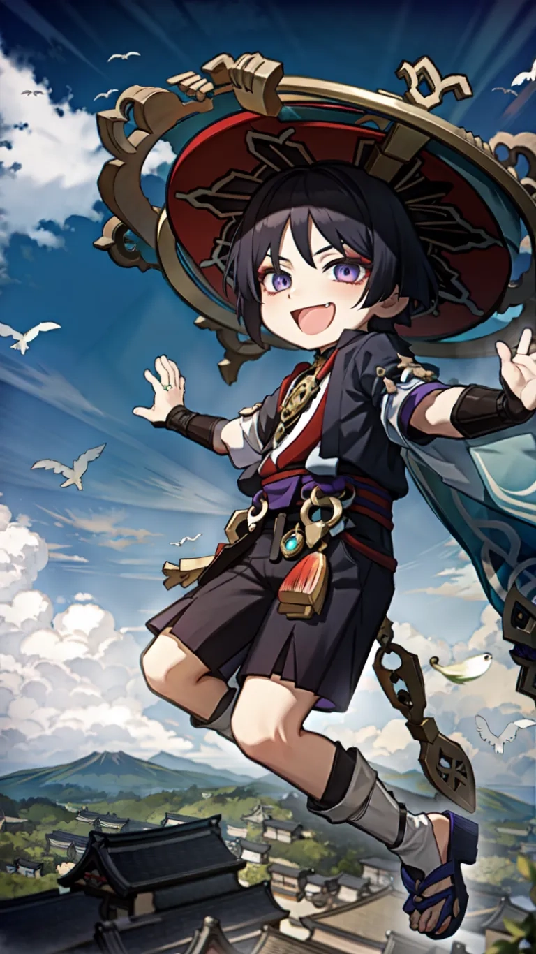 a girl in a kimono hat is flying with her arms in the air over a building next to a bird in the sky with blue sky and birds
