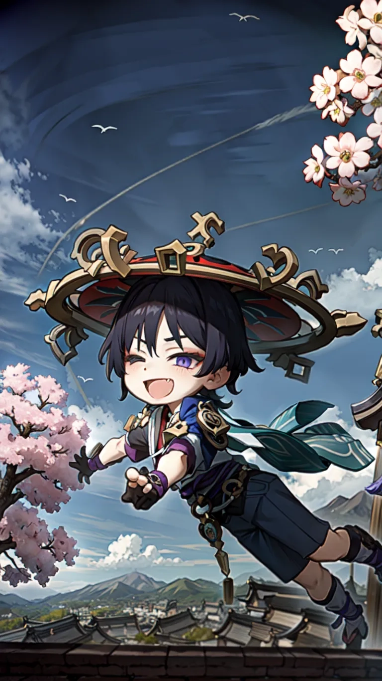 the animated anime is displayed in front of flowers and rocks on a hillside with mountains and trees along it and an animated man riding a horse across a street