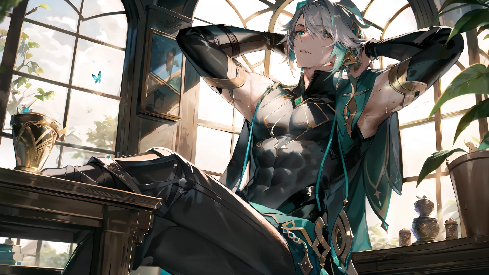 a anime character sitting on a table in front of a window holding her arms up to the air as if trying to control the moment