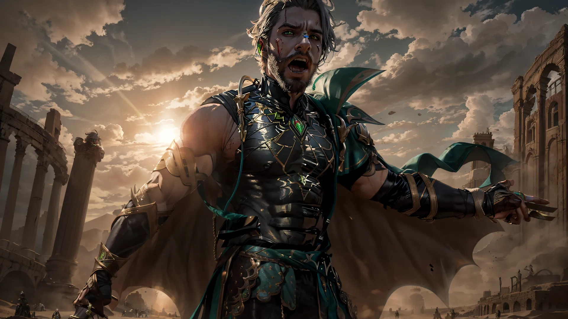 a male character stands with arms out in front of a city street while holding a green object with one hand and making face expression of emotion
