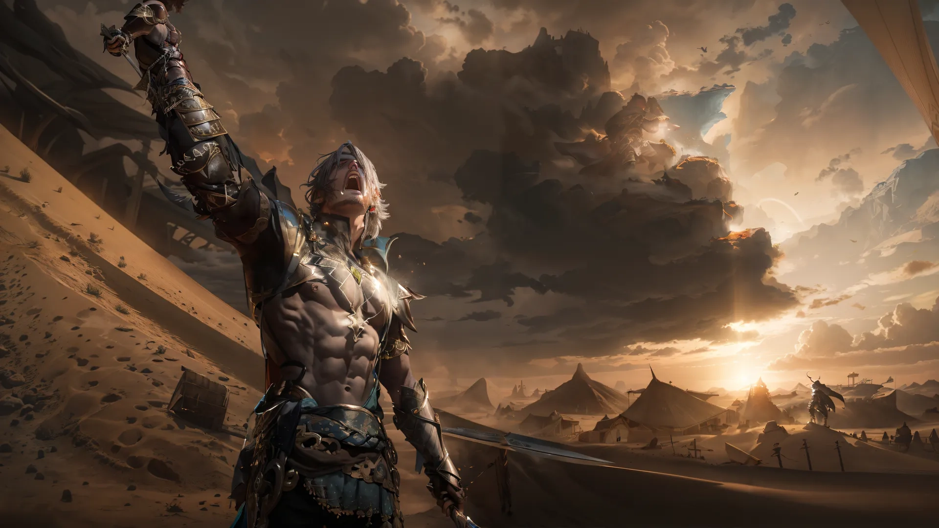 there is an image of an animated man with sword in the desert in front of him and some tents in the background there are some mountains
