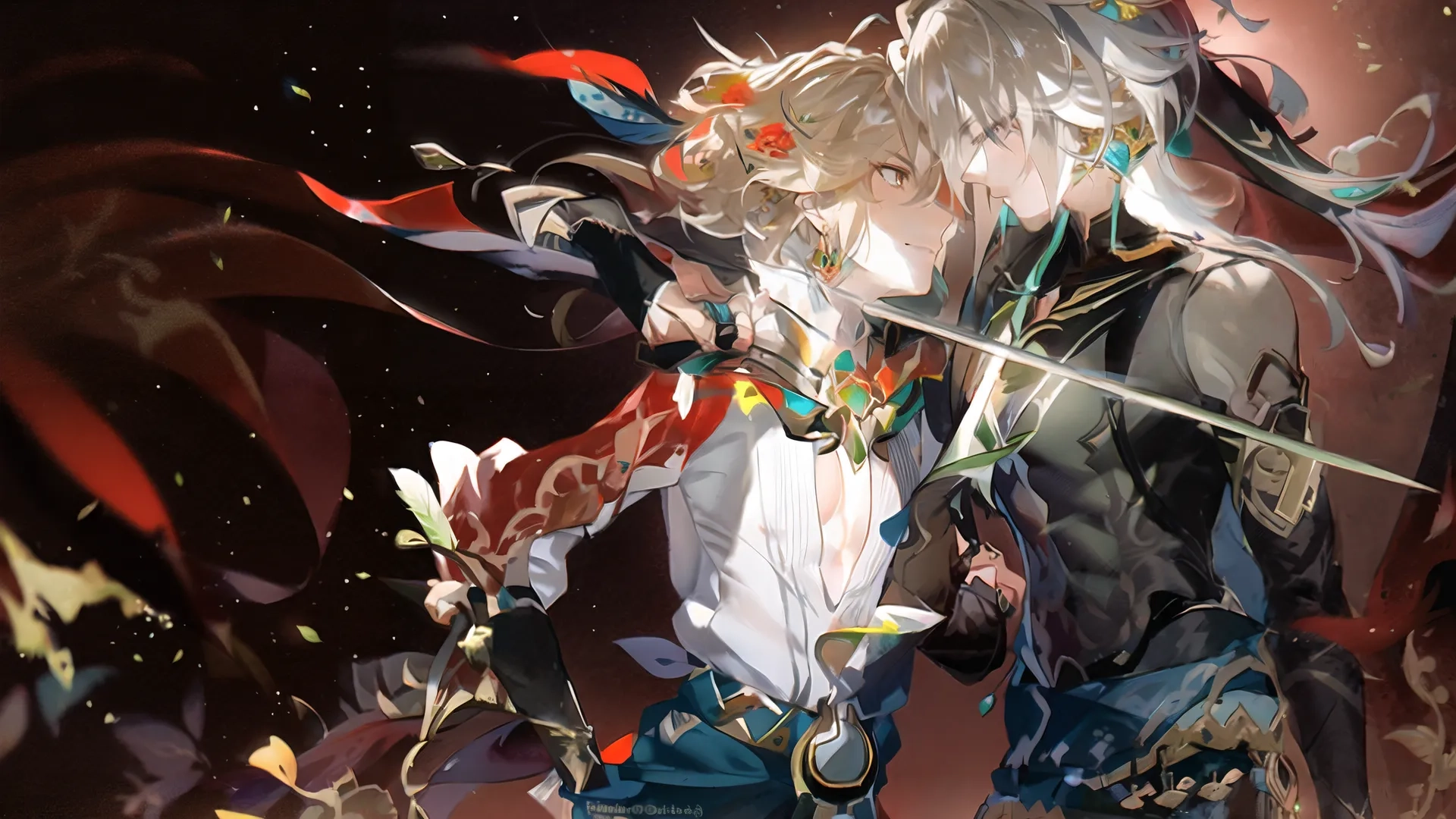 there is a male and a female anime character in front of them, with flowers growing on their lap tops and a dragon sitting at the foot