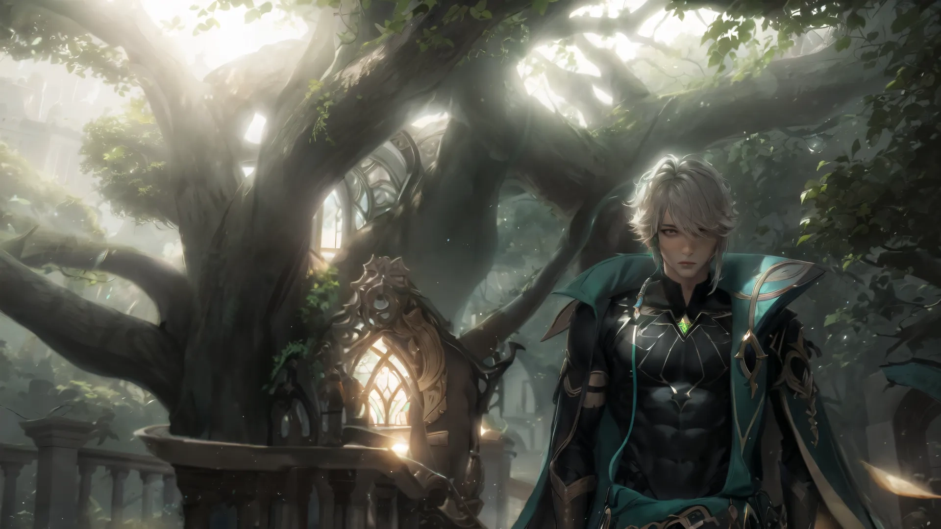 a woman standing alone in the shade near a tree with a sword on her hand and armor around her shoulders, in front of a tree