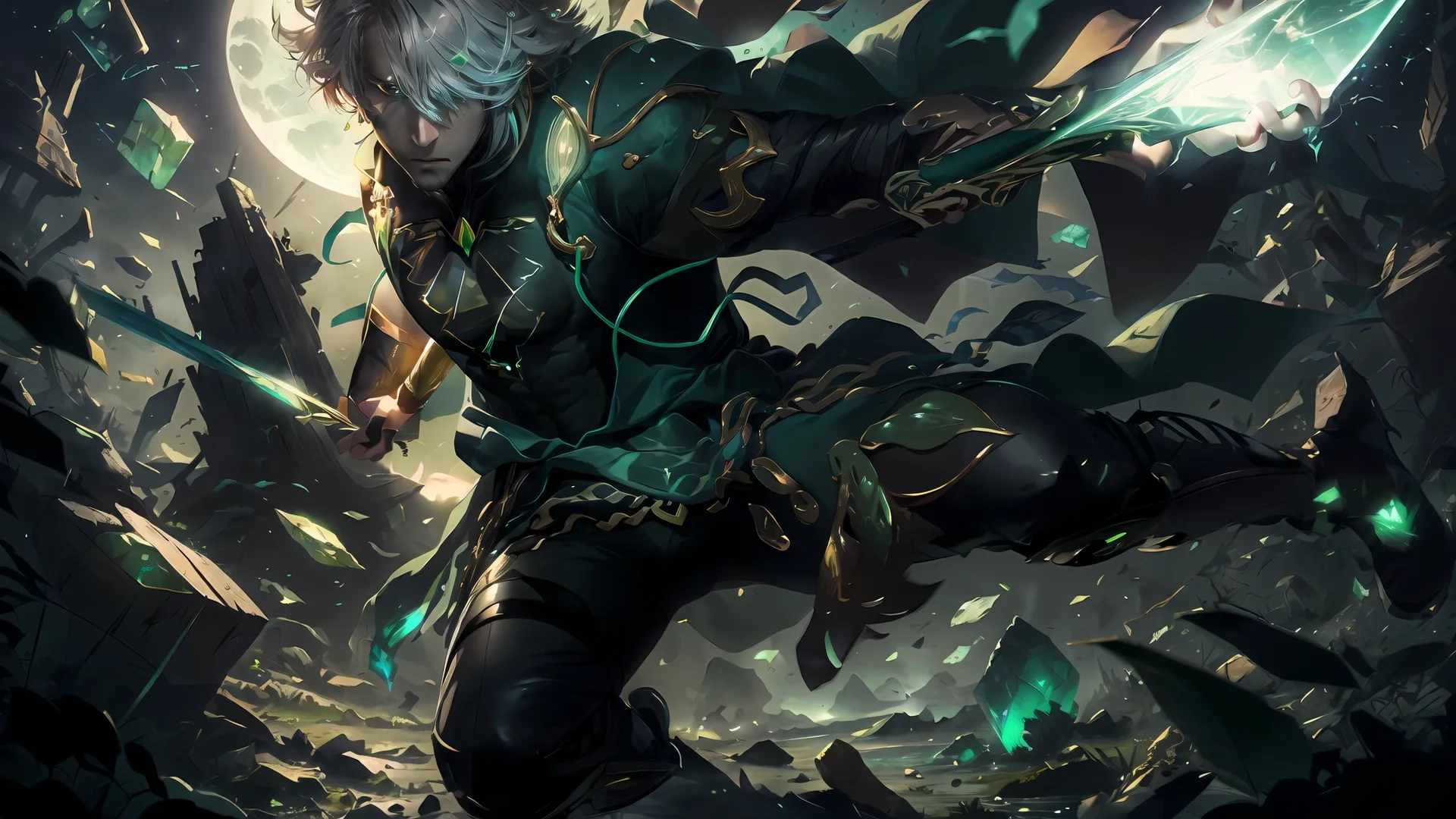 an anime fantasy image in dark and green, being watched by the moon, and a long haired woman standing on one leg holding a sword and spear
