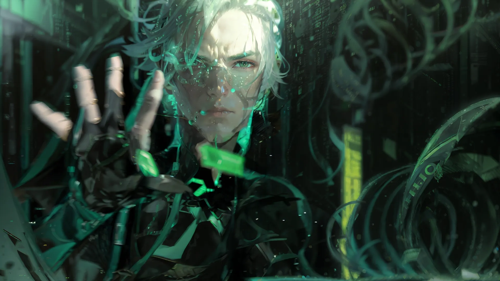 the woman who is holding her hands up out of a window shows off her futuristic artwork form as it passes through through her body armor
