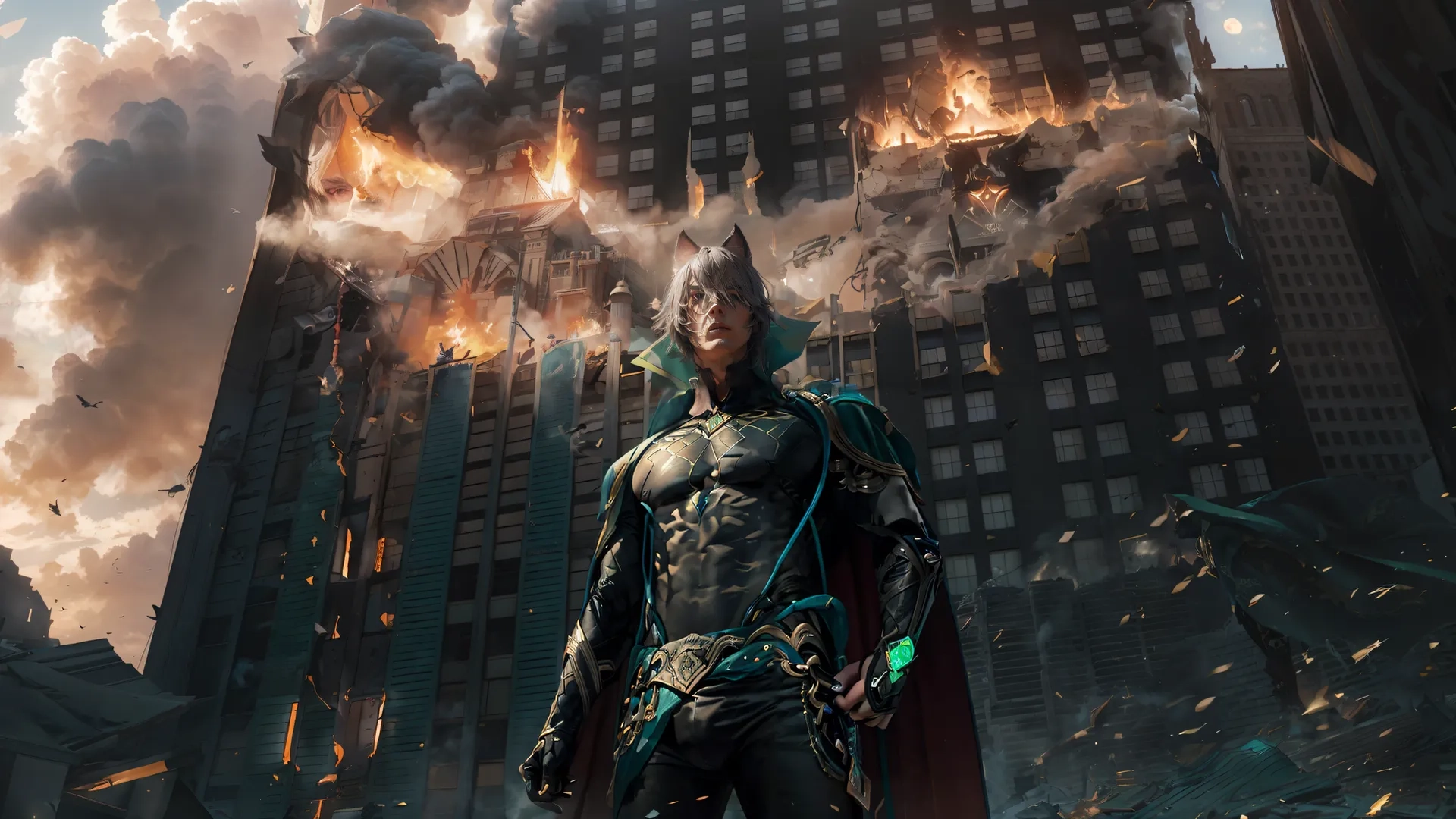 a man in a batman costume standing inside front of an explosion of burning buildings with the word'batman'on it in the background