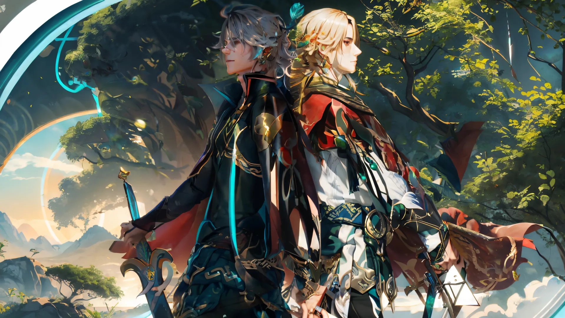 a man and a woman in the forest looking at an eye patch of land across from them, with trees and mountains in the background
