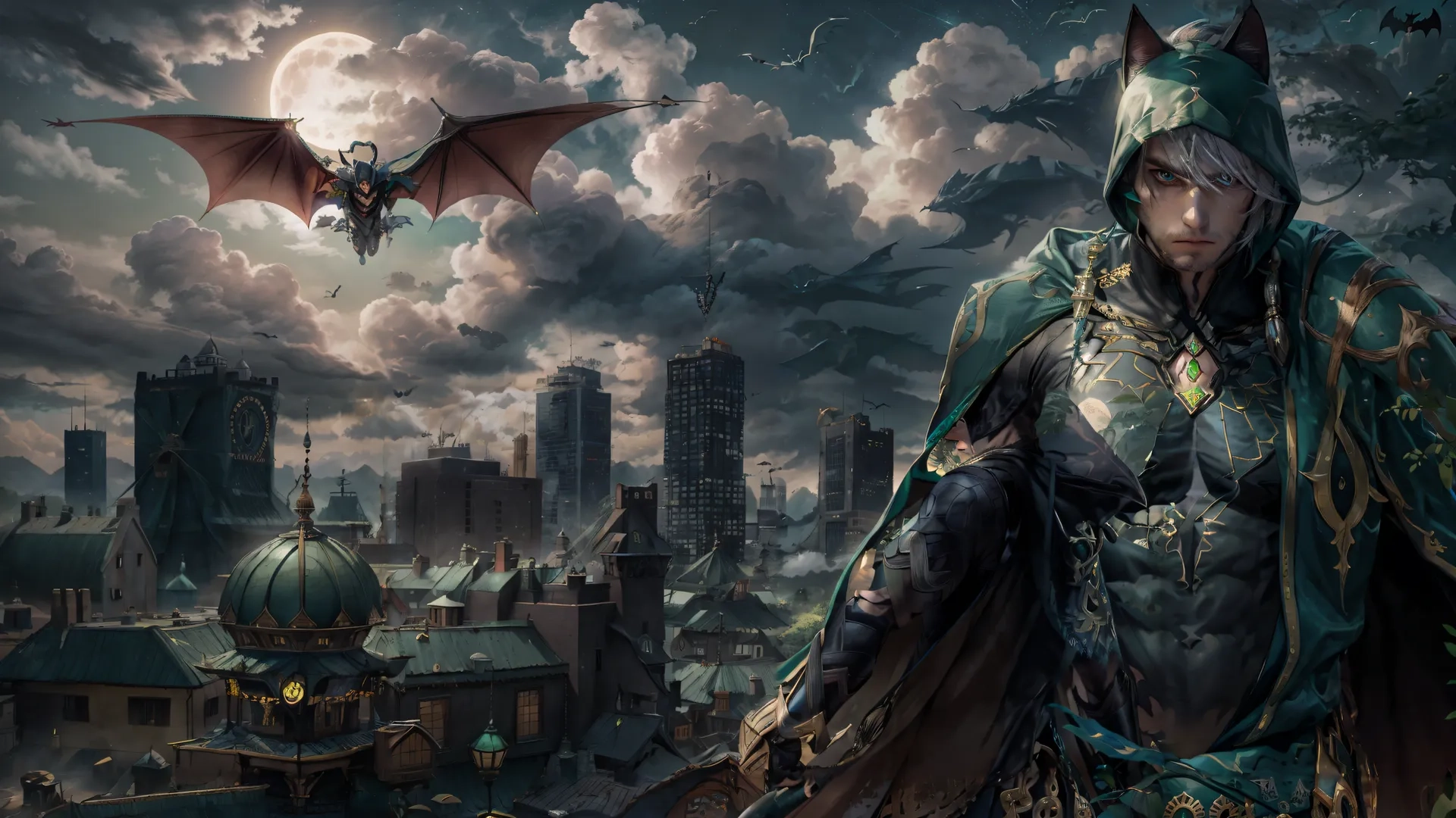 the artwork shows a fantasy demon and one bat over a city that has buildings with lots of smoke as its head above the man on and some other
