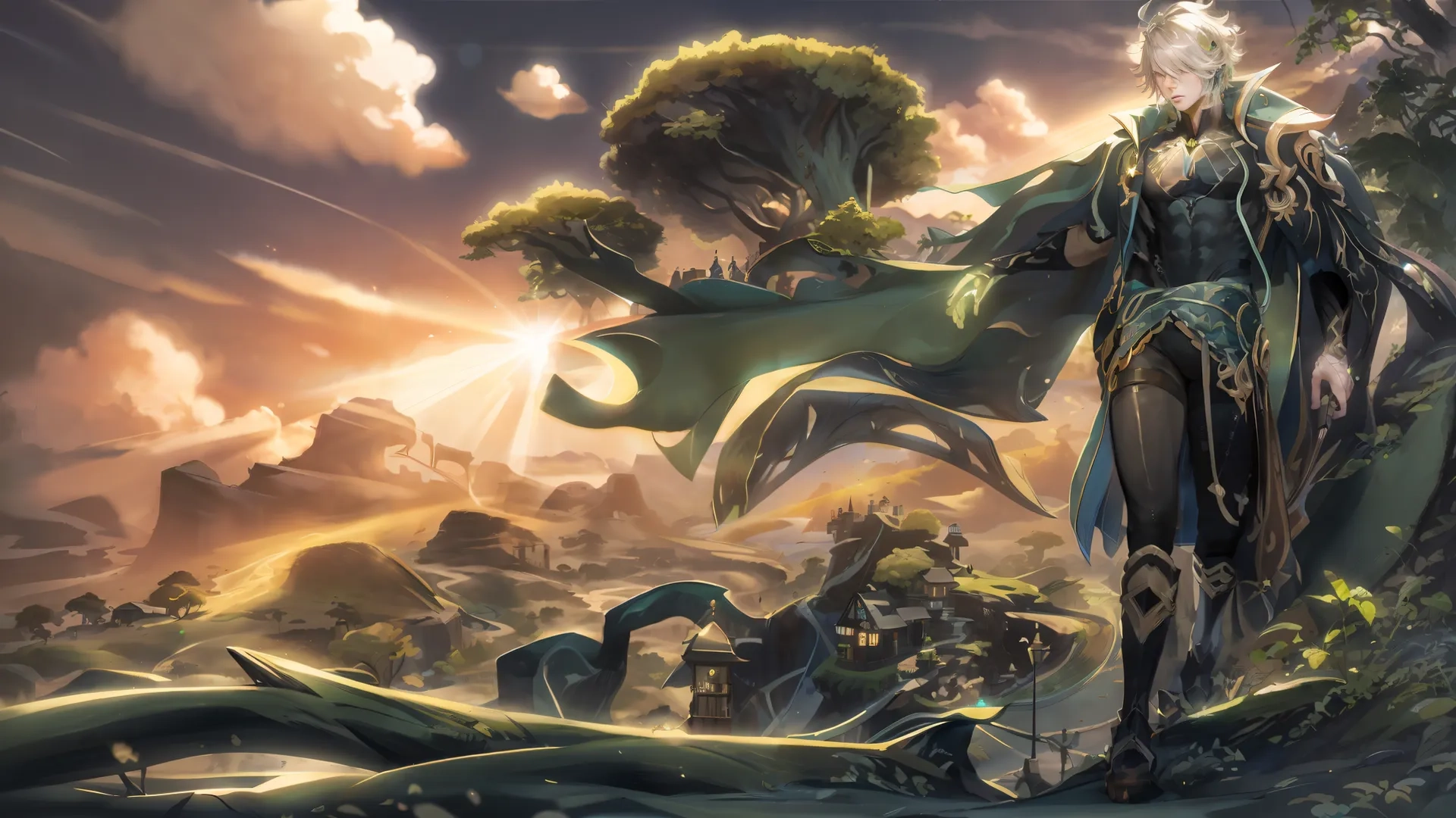 a stylized woman dressed as an alien walking amongst trees and rocks with cloudy skies in the background at sundown, near the edge of a giant rock valley