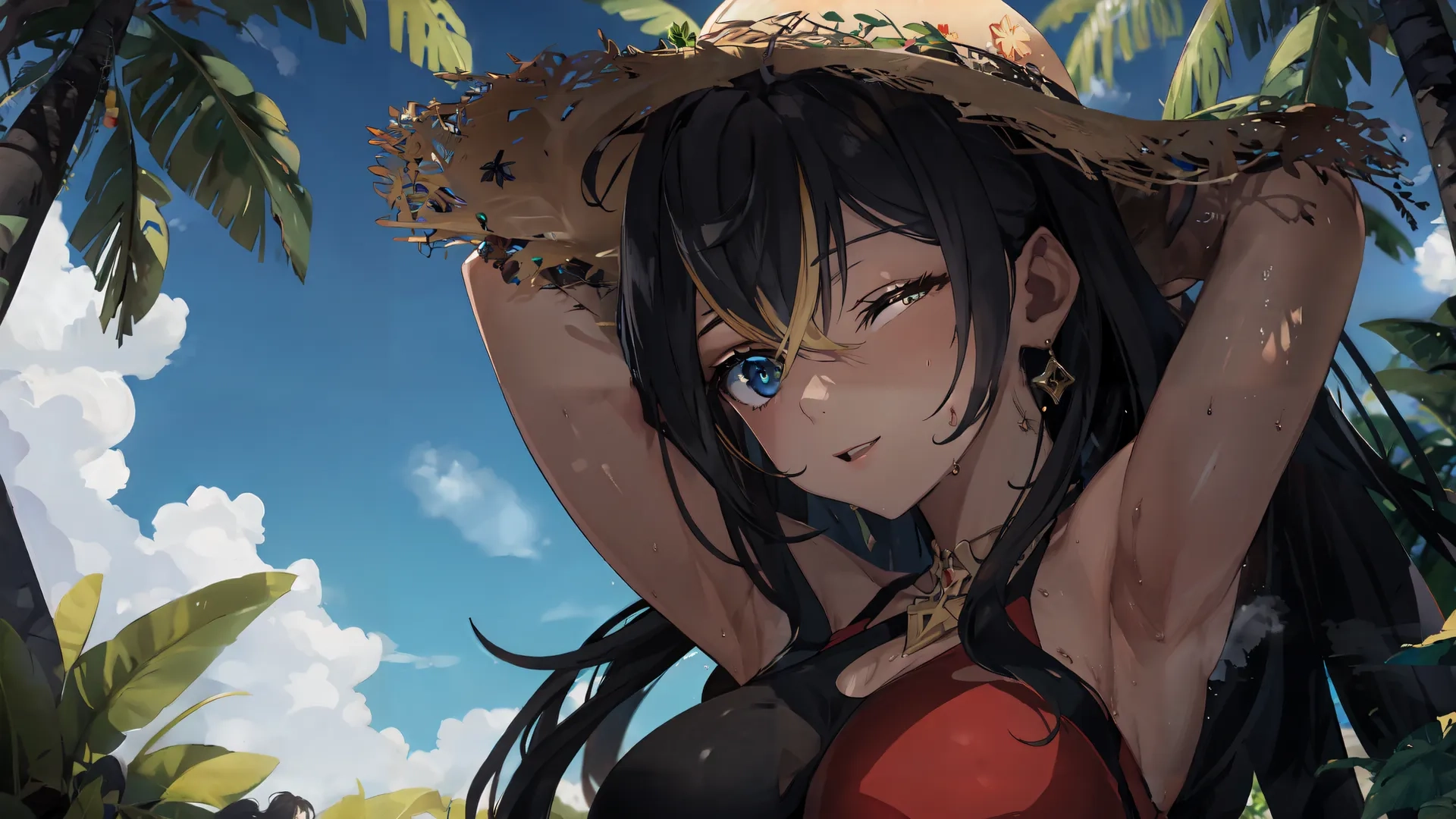 a woman in a red bikini is under palm trees wearing a straw hat, surrounded by her arms and legs on a pole above her