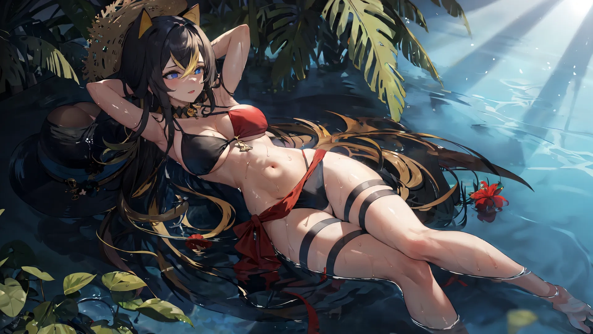 a woman is relaxing on the water with a rose in her hand by the trees on a hill top in the jungles and looking towards the sunlight
