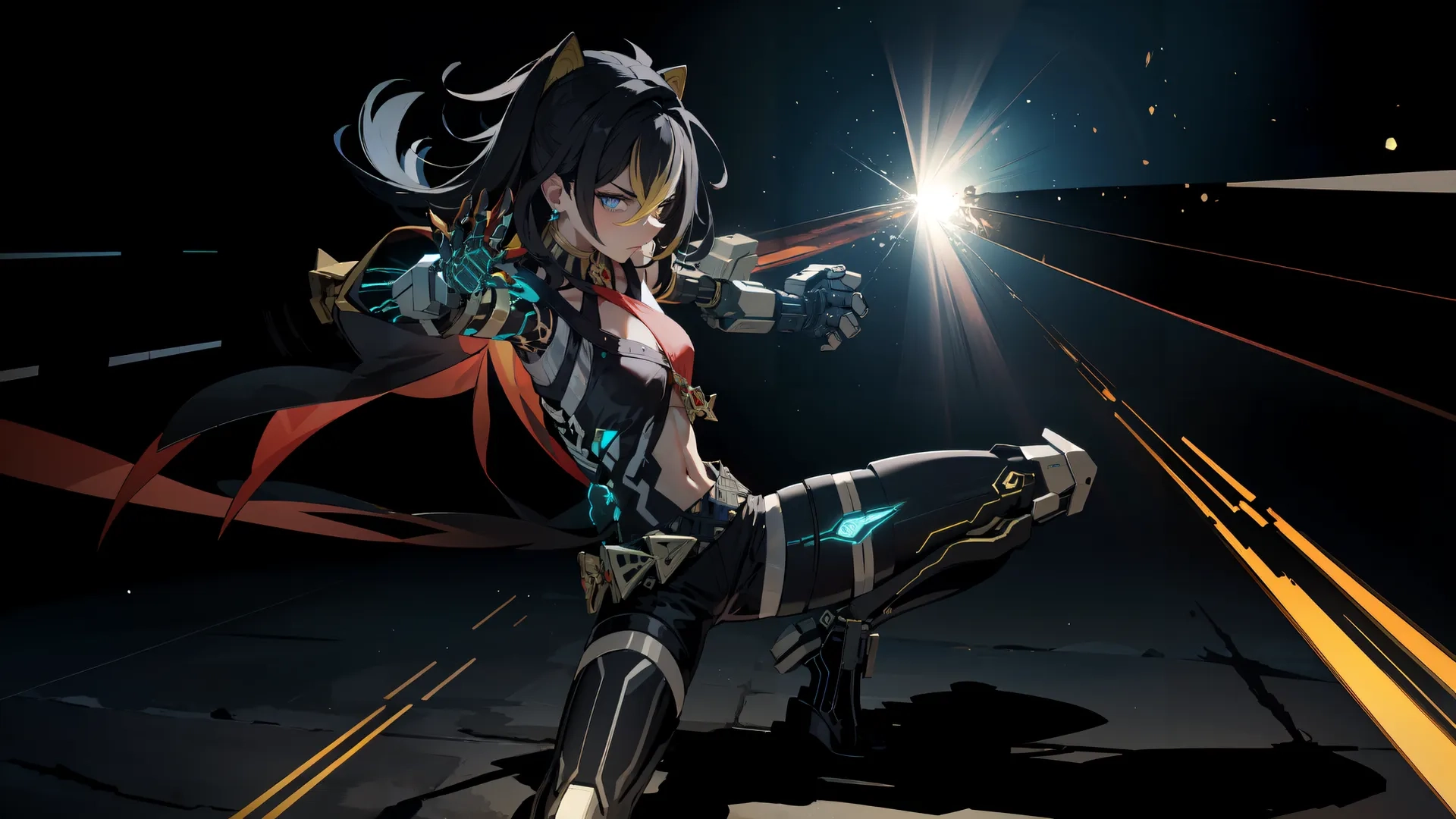 the woman is riding on a motorcycle with no pants on her bike is very dark and has a bright light shining up behind her and a shooting arrow
